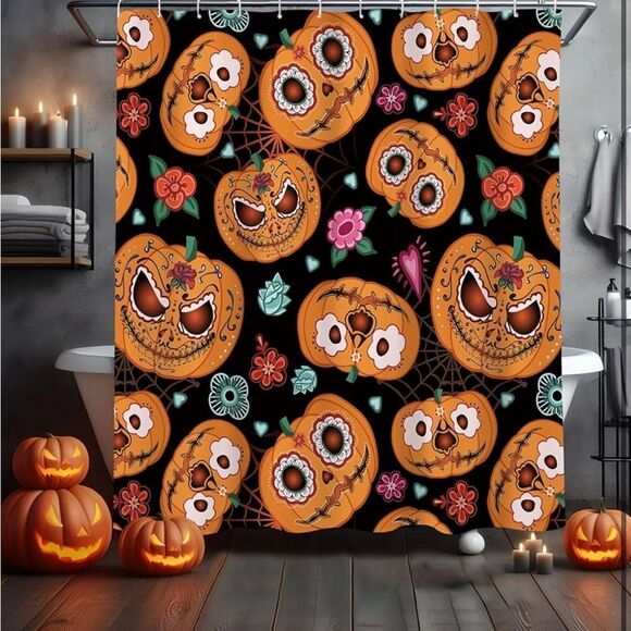 Halloween Pumpkin Shower Curtain Evil Pumpkin Shower Curtain Pumpkin Nig… - Picture 1 of 7